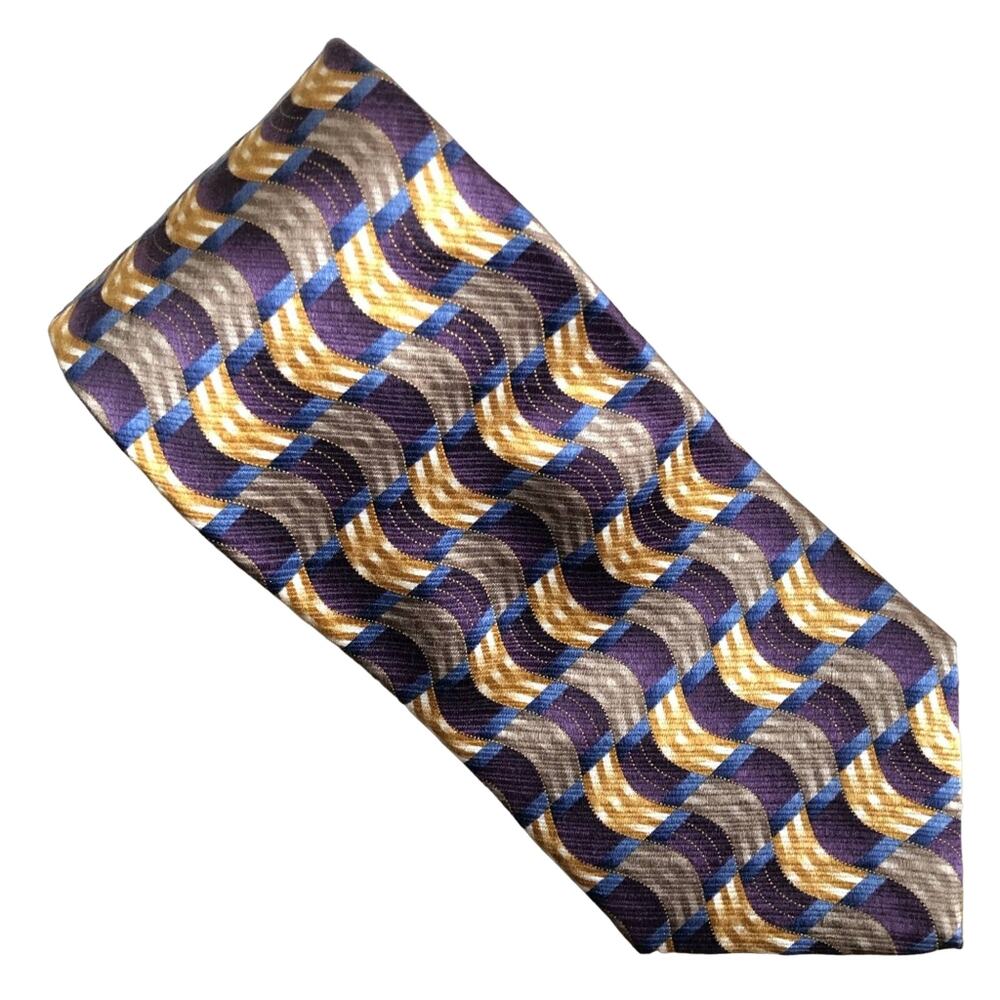 Jos. A. Bank Purple Yellow Classic Geometric Wave Shine Pointed Silk Neck Tie